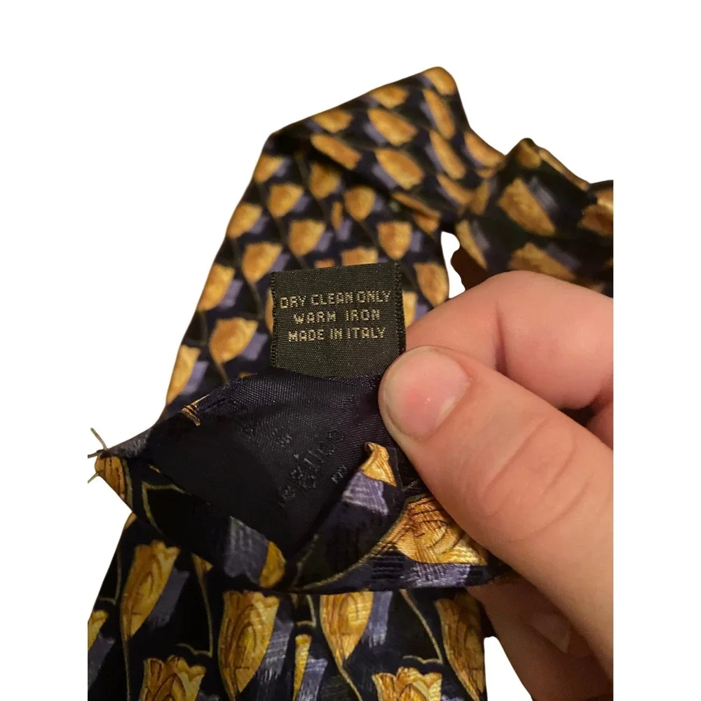 Ermenegildo‎ Zegna Mens Silk Tie Navy Blue Gold Floral Tulip Made in Italy 2405